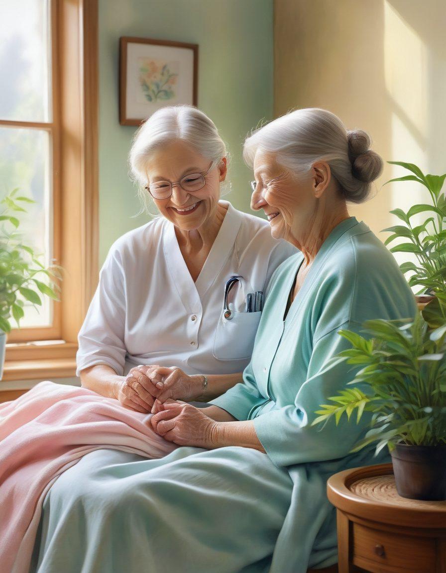 A serene scene depicting a compassionate caregiver gently interacting with a smiling elderly patient in a bright, cozy healthcare setting. Surrounding them are symbols of health and wellness, such as plants, medical tools, and comforting elements like blankets and soft lighting, all radiating warmth and empathy. The colors should be soft and inviting, emphasizing the bond of care. watercolor painting. soft pastel colors.