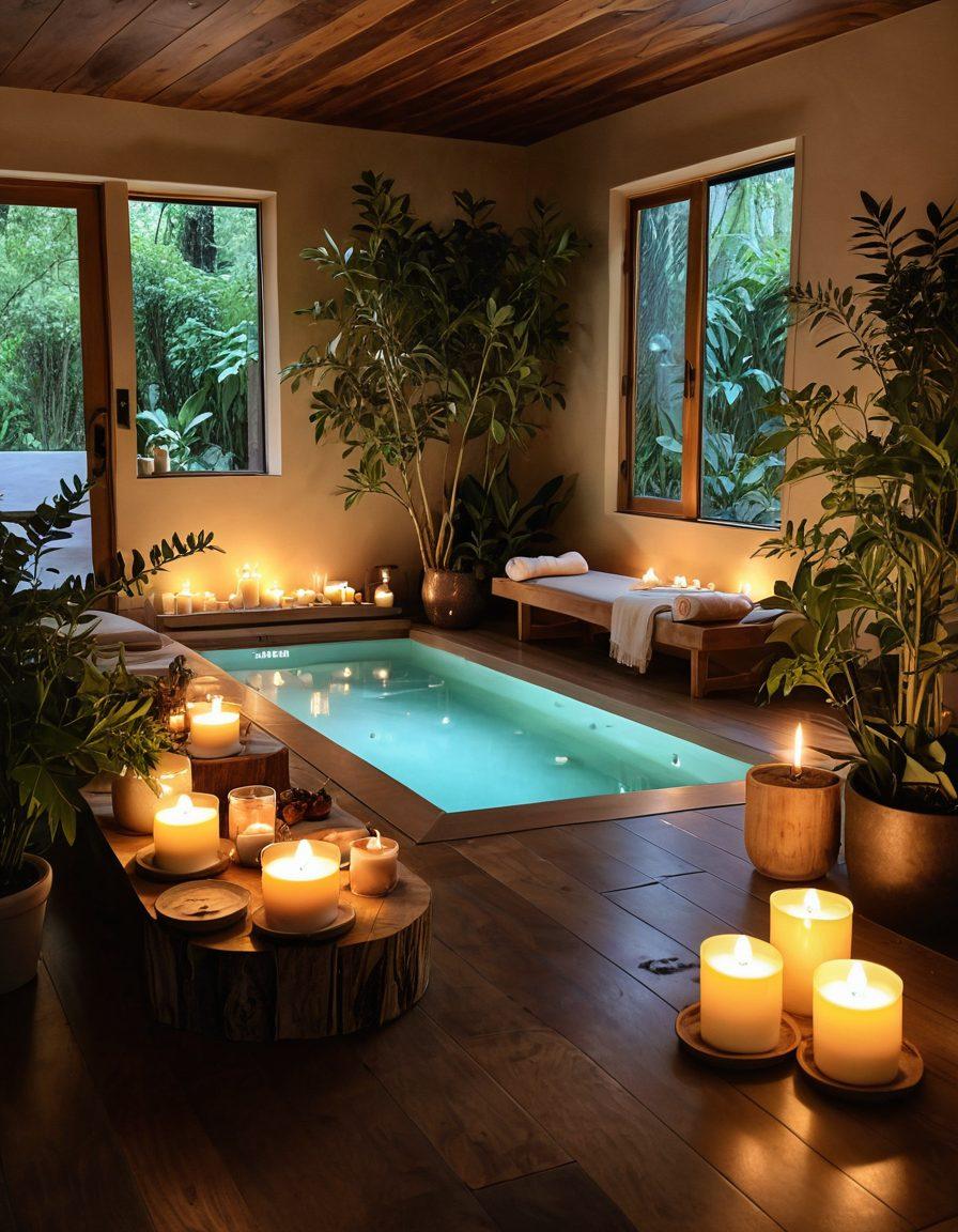 A serene spa scene showcasing a peaceful environment with soft candlelight, lush greenery, and elegant beauty products laid out. Incorporate a diverse group of individuals engaging in self-care activities such as meditation, skincare, and gentle yoga, all radiating positivity and compassion. The overall ambiance should evoke tranquility and wellness, with warm pastel colors and a soothing background. super-realistic. vibrant colors. calming atmosphere.